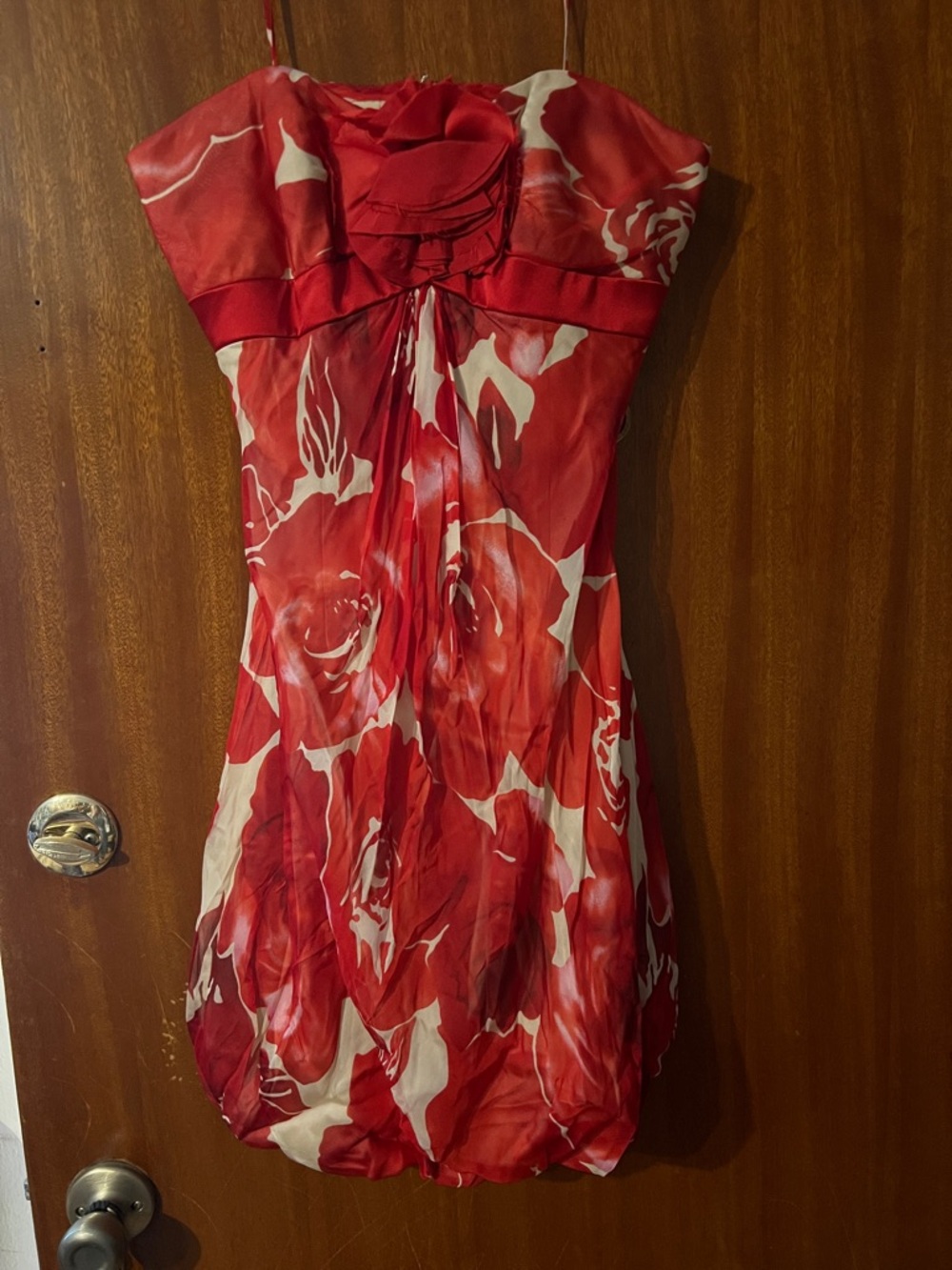 Badgley Mischka Red and Cream Floral Bubble-Hem Mini Dress